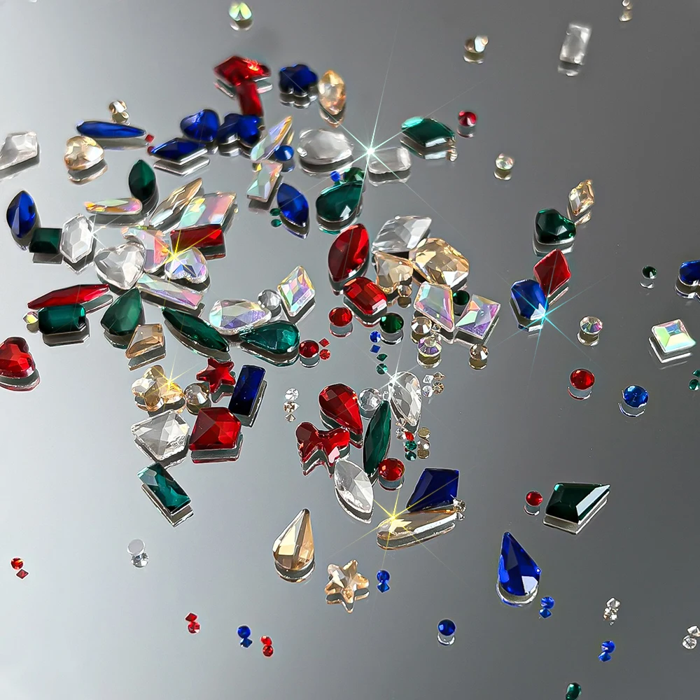 Set di 12 Griglie di Strass 5D Misti Rossi per Unghie, Diamanti Scintillanti in Vetro a Forma di Cuore/Fiocco/Rotondi/Goccia, Decorazioni Speciali per Unghie