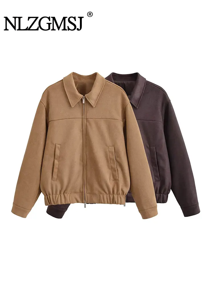 

NLZGMSJ Solid Short Jacket Elastic Hem Long Sleeve Jackets For Women Zipper Coat Fashion Street Style Women's Jackets