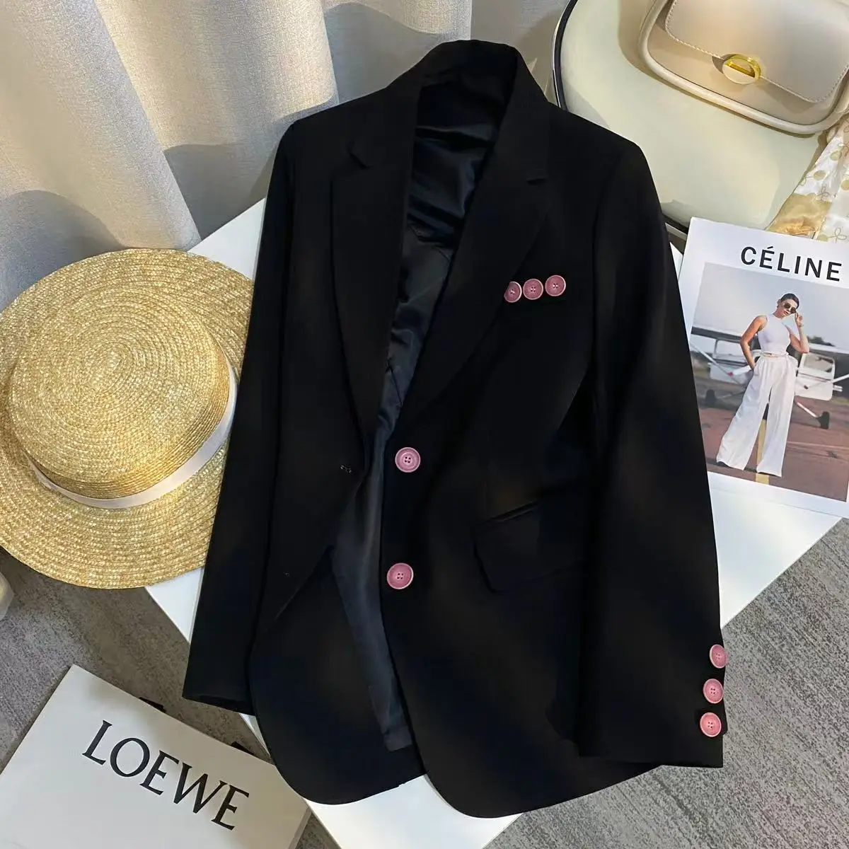 Temperament Women Office Lady Black Coats Women's Clothing Streetwear Oversized Outwear Button Casual Fashion Coat Tops