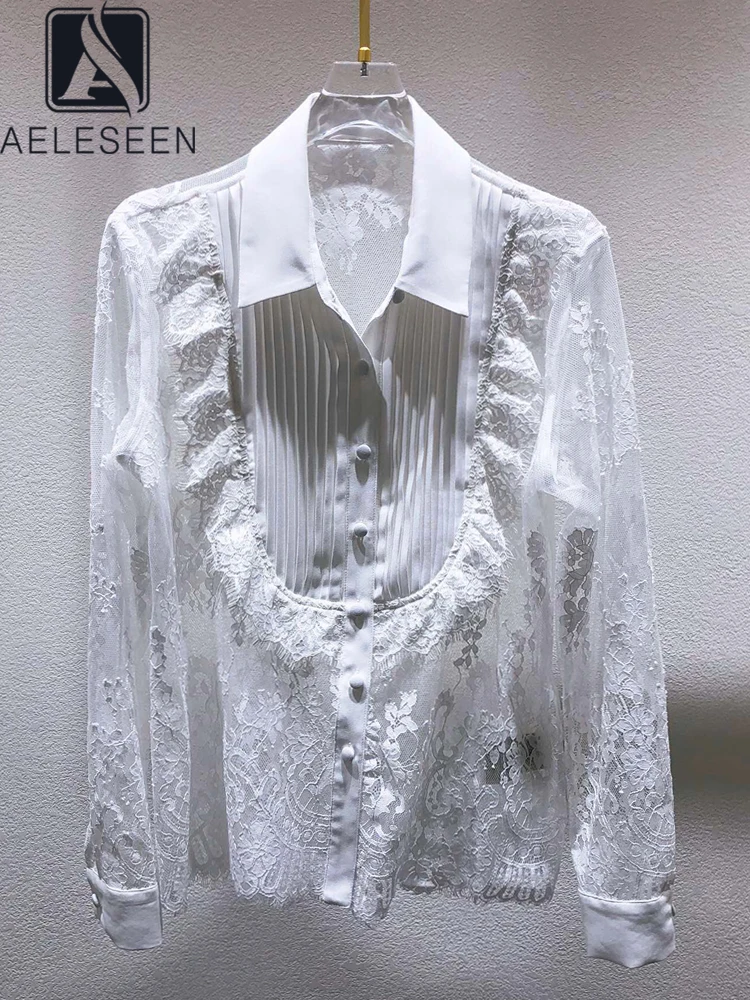 

AELESEEN Runway Fashion White Blouse Women Summer Turn-down Collar Lace Patchwork Pleated Hollow Out See-Through Shirt Top