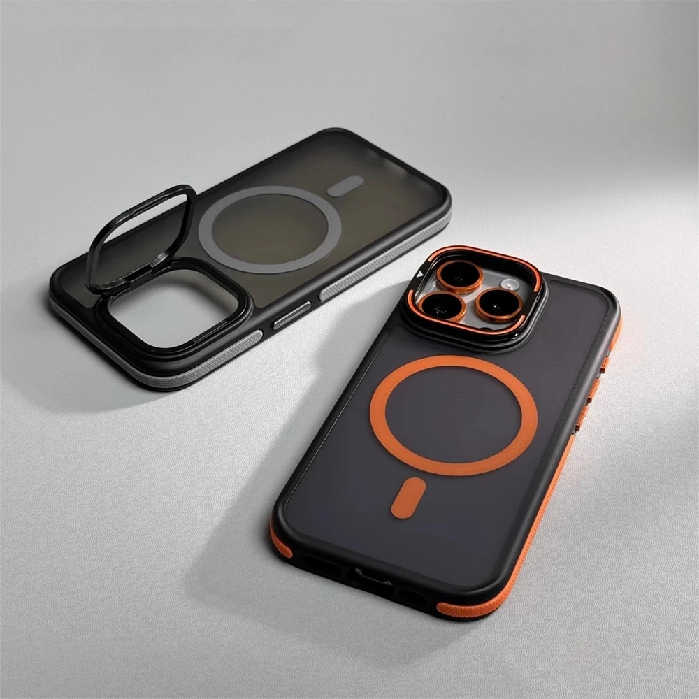 Alloy Lens Stand Non-Slip Matte Case For iPhone 17 16 Pro Max 15 14 13 12 Pro 17Air Magsafe Magnetic Wireless Charge Armor Cover