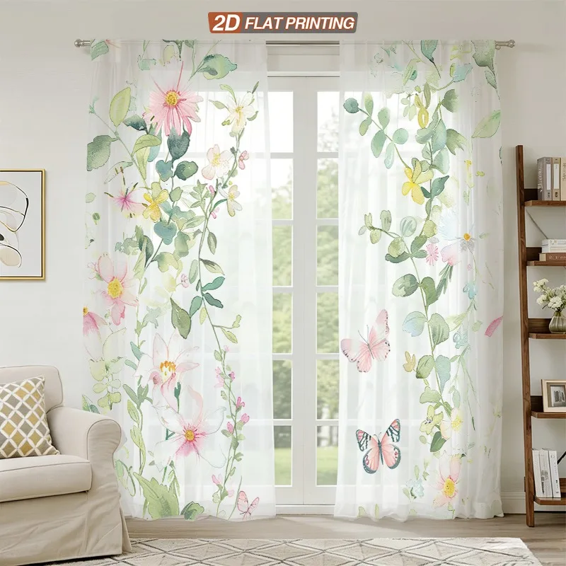 2PCS Digital Print Sheer Curtains, Flower Vine Butterfly Pattern, Romantic French Style for Living Room Bedroom Window Decor