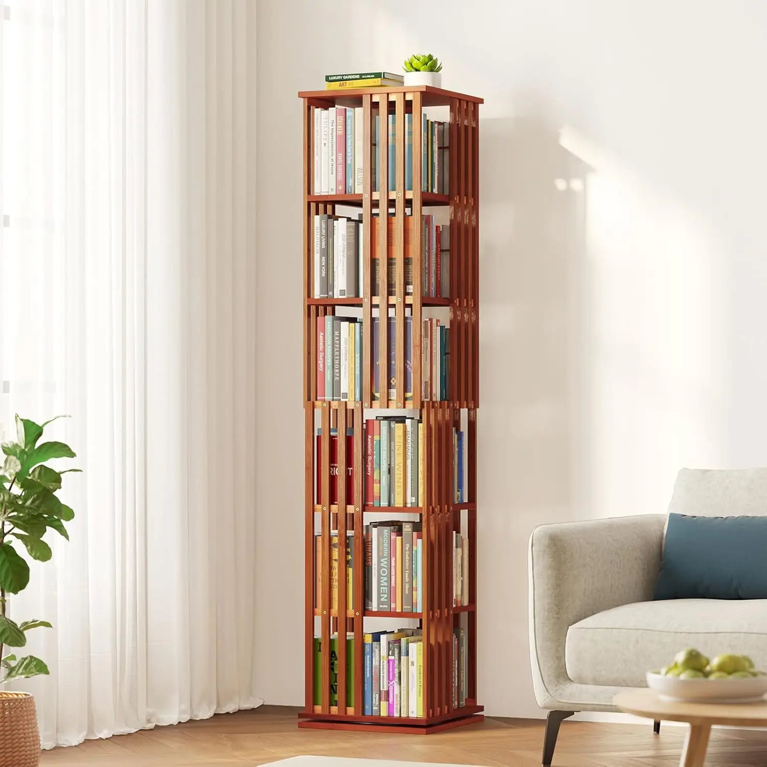 

6-уровневая вращающаяся книжная полка, бамбуковая вращающаяся книжная полка, вращающийся на 360° книжный шкаф для хранения, поворотная круглая карусель