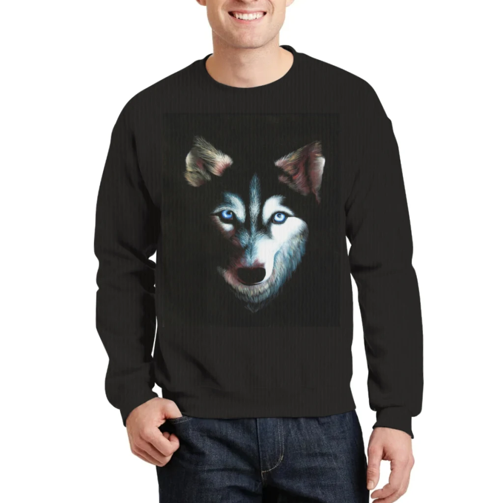 Husky asli di anjing beludru hitam dengan sweter Slouchy mata biru