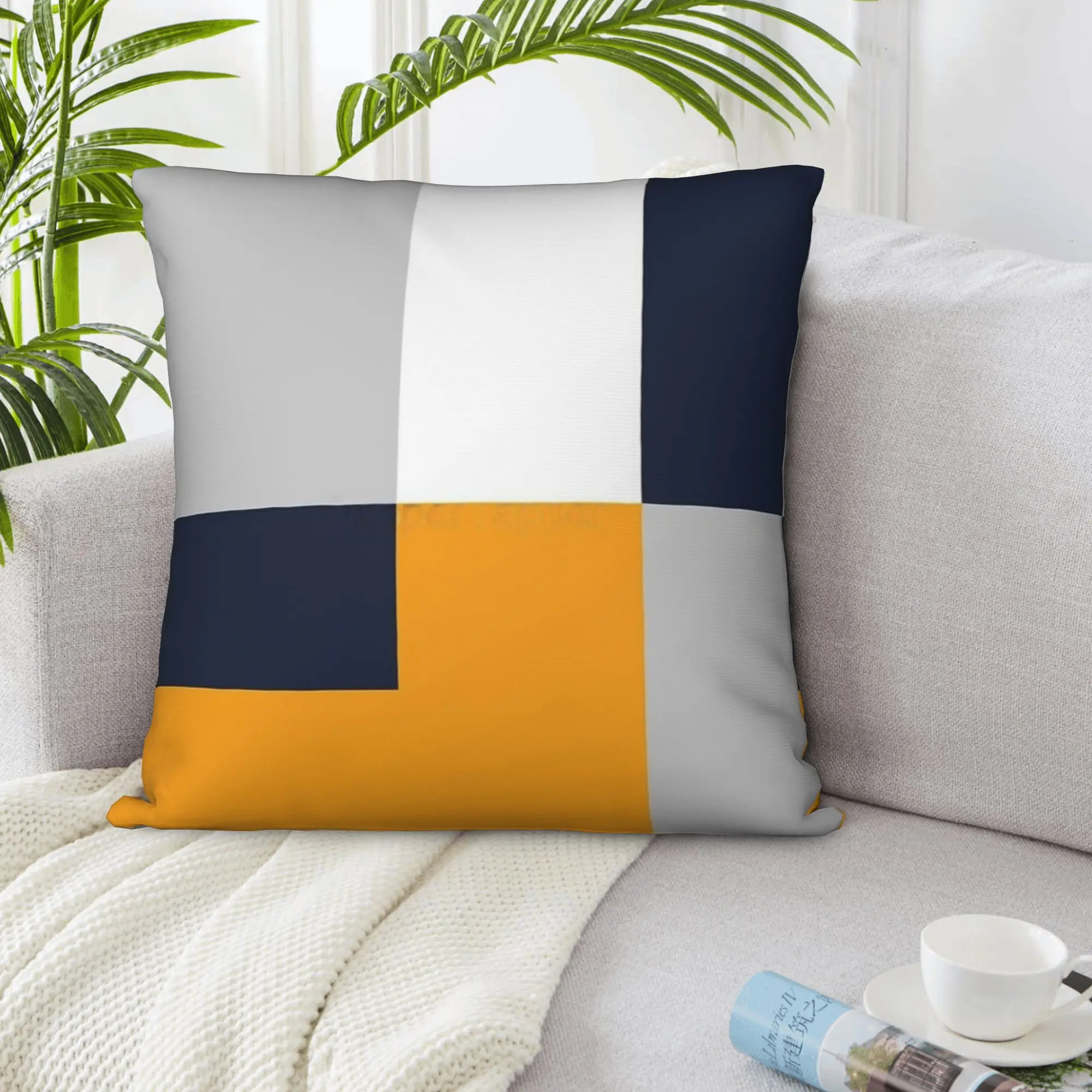 Modern navy blue-grey and mustard yellow double-sided square throw pillowcases, suitable for sofas and beds.