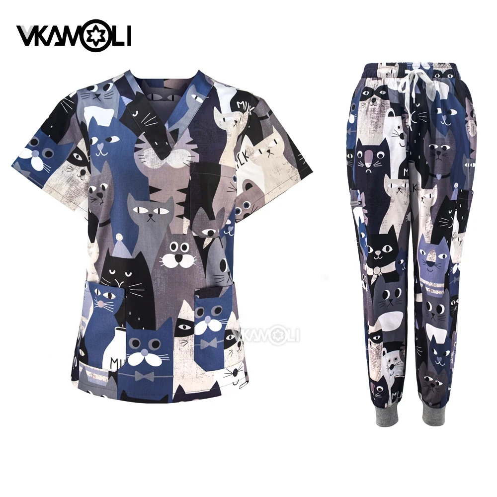 cartoon Dog and cat pattern printing Scrub set  Pet hospital clinic pediatrician Dentist Nurses and doctors work uniforms
