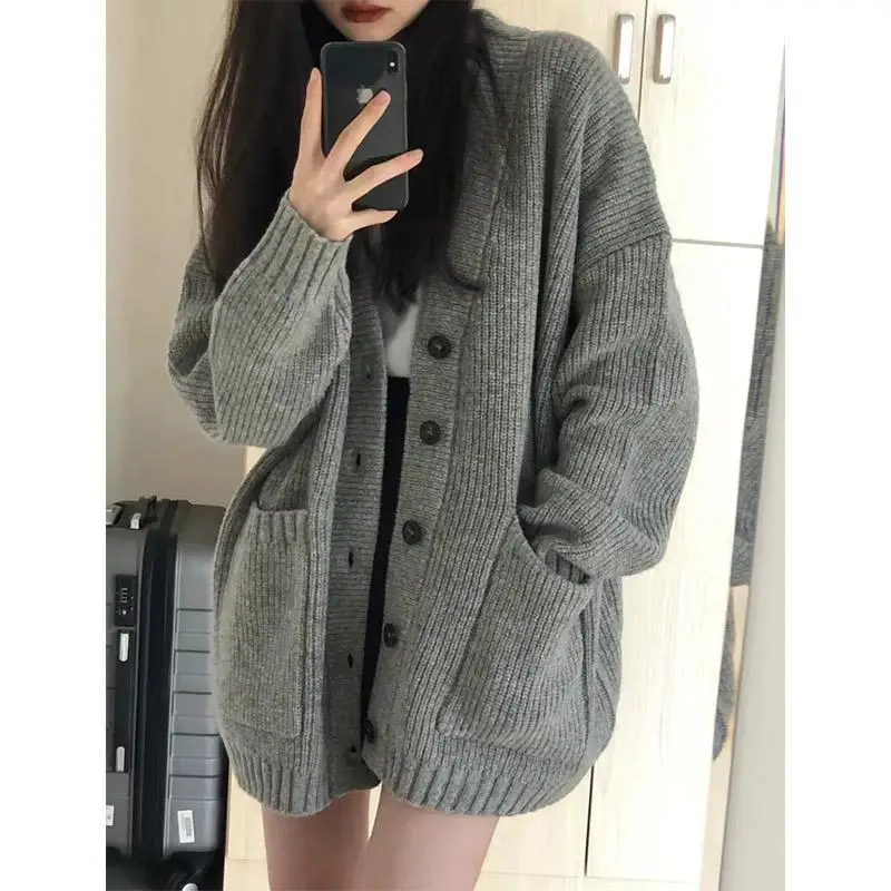 Trend Cardigan Knitting Gray Sweaters Autumn New Long Sleeve Loose Solid Pocket Button Casual Tops Vintage Fashion Women Clothes