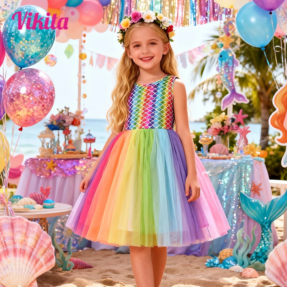 Girls Sleeveless Summer Dress Kids Rainbow Colorful Gradient Tulle Mesh Princess Birthday Party Princess Casual Festival Dresses