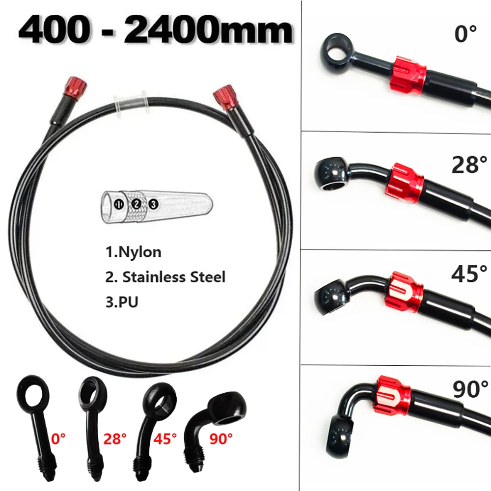 

AN3 M10 Motorcycle Brake Hose Hydraulic Braided Brake Tube Equipped With0° 28° 45° 90° 360-Degree Rotating Banjo 40cm-240cm