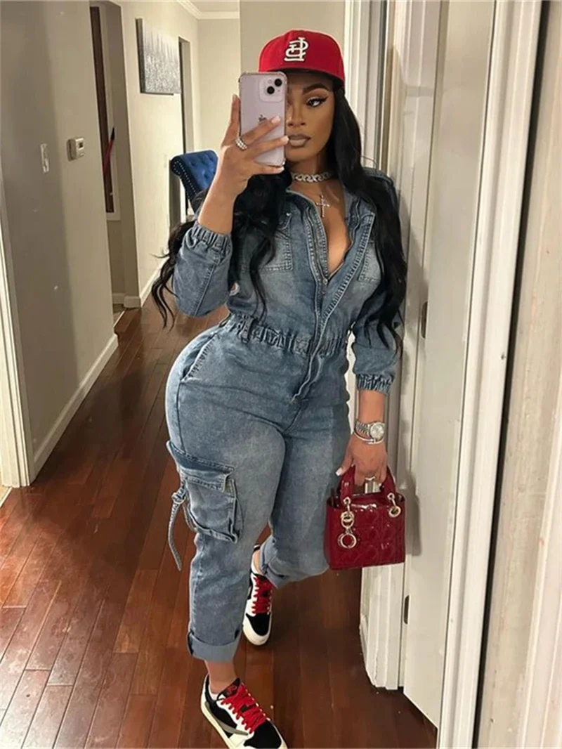 Streetwear Jeans Jumpsuits Women Winter Fall Clothes 2024 Women Pockets Denim Long Rompers Playsuits One Pieces Overalls Outfits