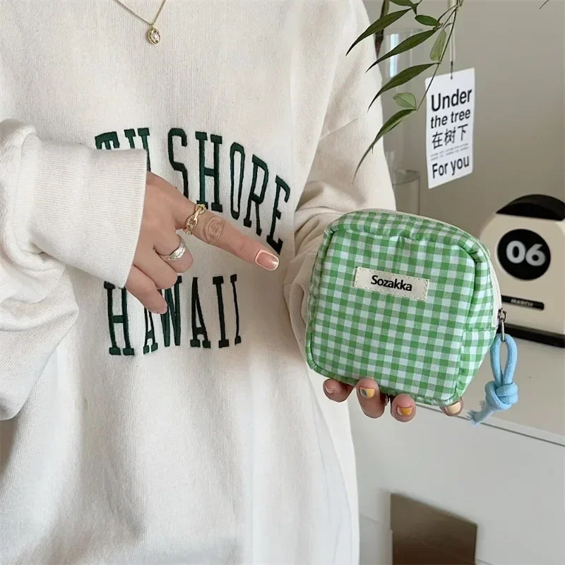 Large Capacity Plaid Mini Cosmetic Bag Candy Color Makeup Sanitary Napkin Storage Cotton Cloth Small Item Bag