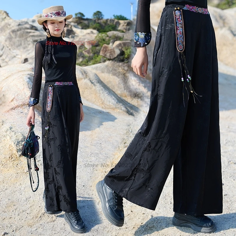 

2025 chinese vintage pants national flower embroidery ethnic elastic waist folk trousers traditional satin jacquard loose pants