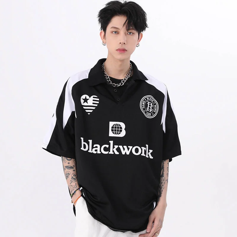 

Motorcycle Polo Shirt American Letter Print Shirt Vintage Streetwear Y2k Tops Oversized Hip Hop Sports Summer Clothes Unisex