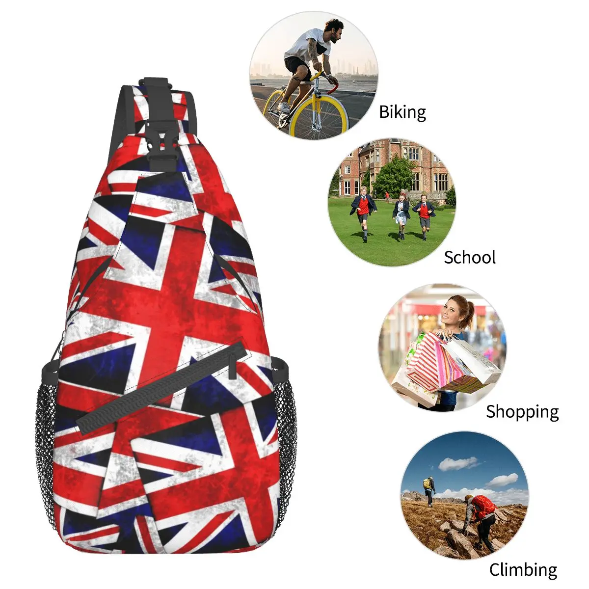 Mochila cruzada con bandera británica de Inglaterra y Reino Unido, morral cruzado en el pecho, mochila de hombro para senderismo al aire libre, mochilas de día con estampado rojo, bolsos con patrón Vintage