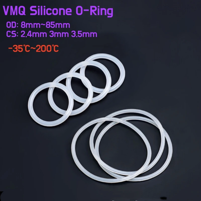 

5~50pcs VMQ White O Ring Seal Gasket Thickness CS 2.4/3/3.5mm OD 8~85mm Heat-Resistant Waterproof Food Grade Silicone Washer