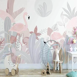 Custom Mural Wallpaper Nordic Ins Hand-painted Abstract Plant Flamingo Wall Painting Living Room Bedroom Indoor Background Wall