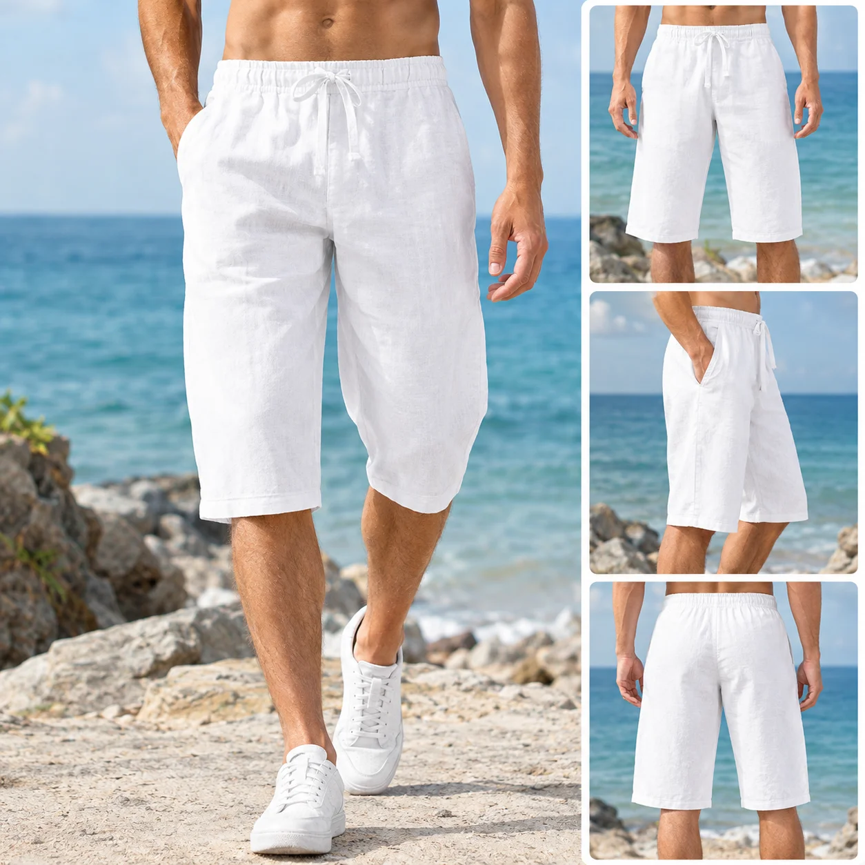 Men's Cotton Linen Bermuda Shorts Summer Quick Dry Loose Fit Elastic Waist Beach Running Sports Shorts for Men Casual Shorts