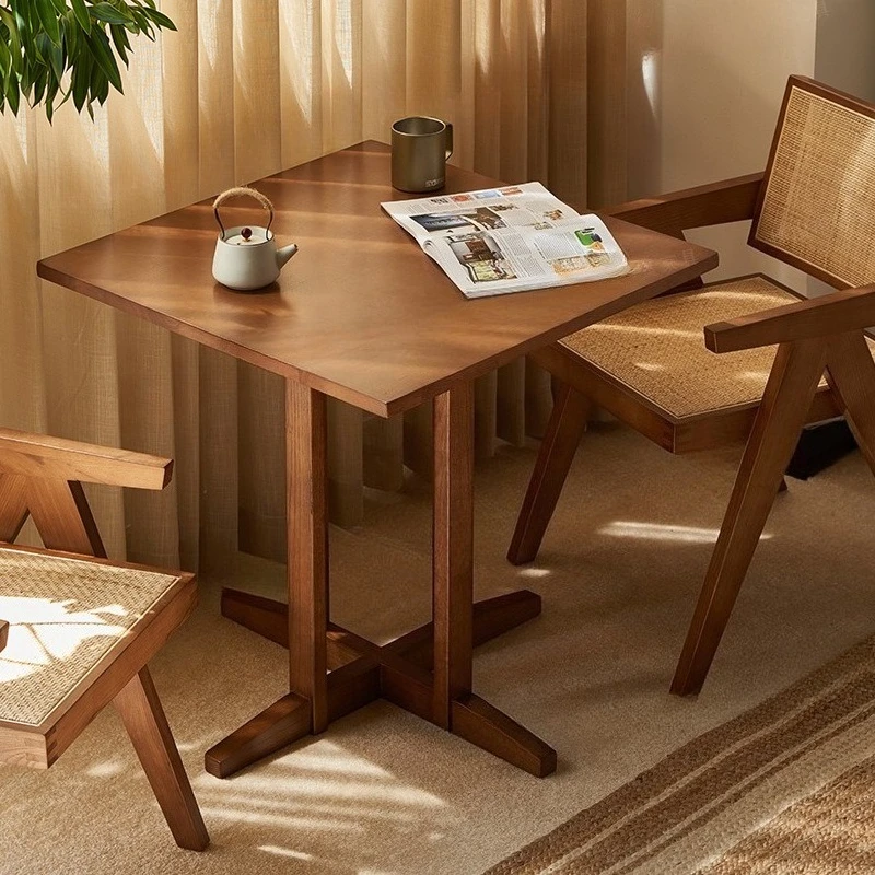 Solid wood square dining table small apartment living room balcony casual round table milk tea shop cafe negotiation table retro