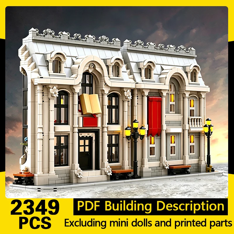 

City Street View Model MOC Building Bricks White Luxury Library Modular Technology Gifts Holiday Assemble Children Toys Suit