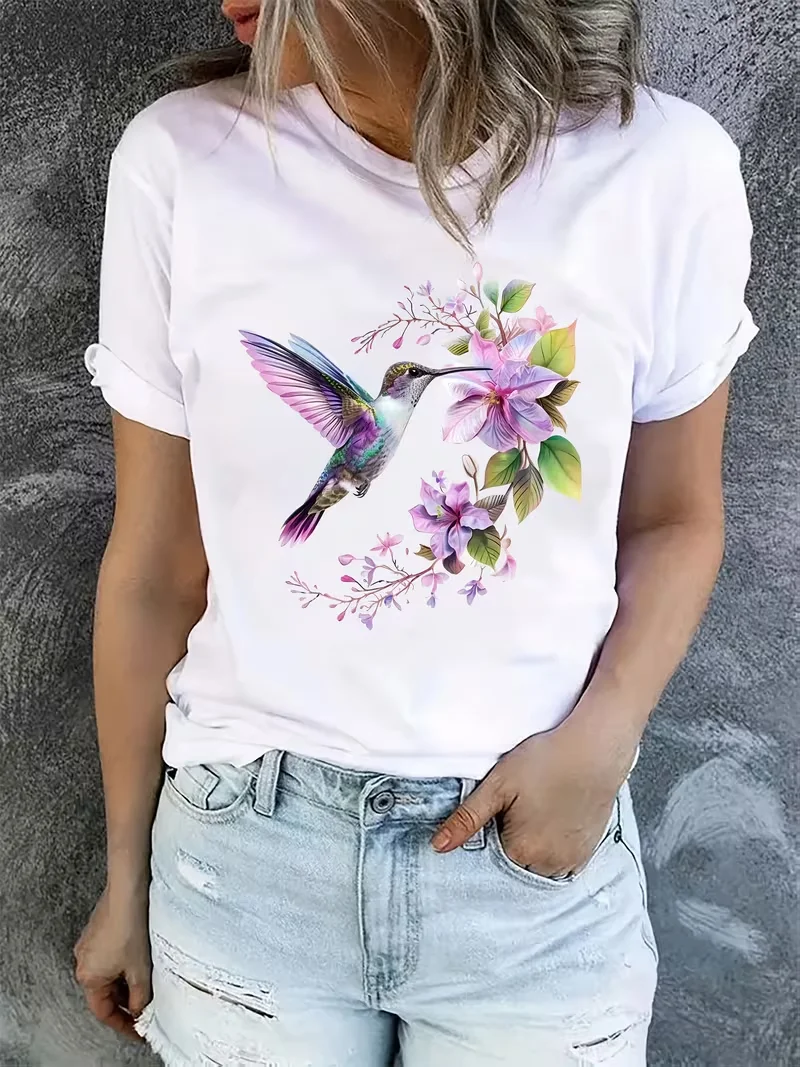 Watercolor Hummingbird Print Crewneck Short Sleeve Unisex Casual Graphic T-shirt with Floral Accents for Bird Lovers Tee