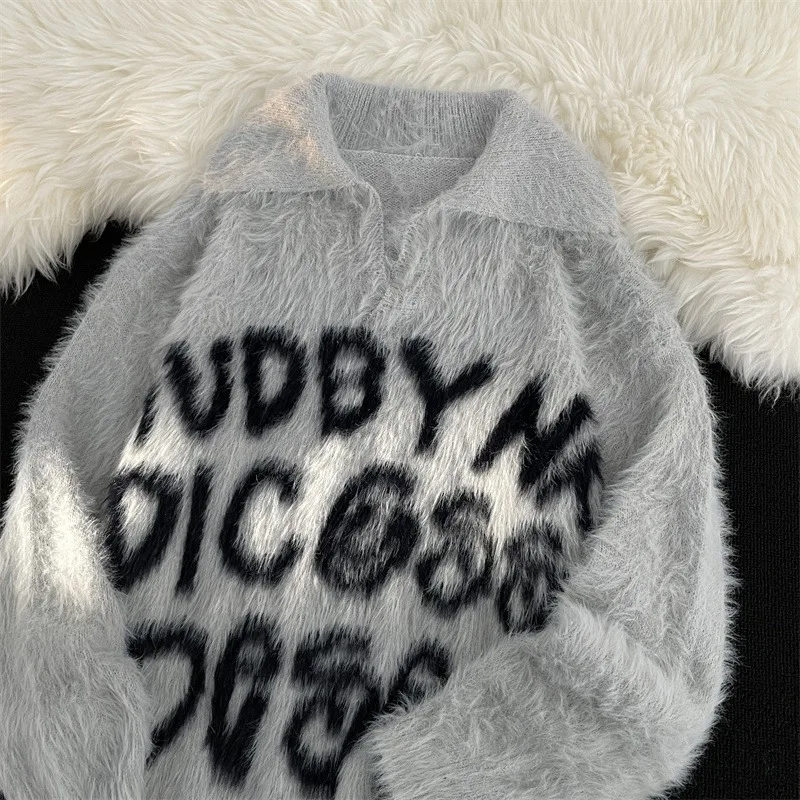 

Мужской вязаный свитер оверсайз с буквенным принтом, имитация меха, свободный крой, осень-зима, модный американский стиль, красный, черный, кофейный...