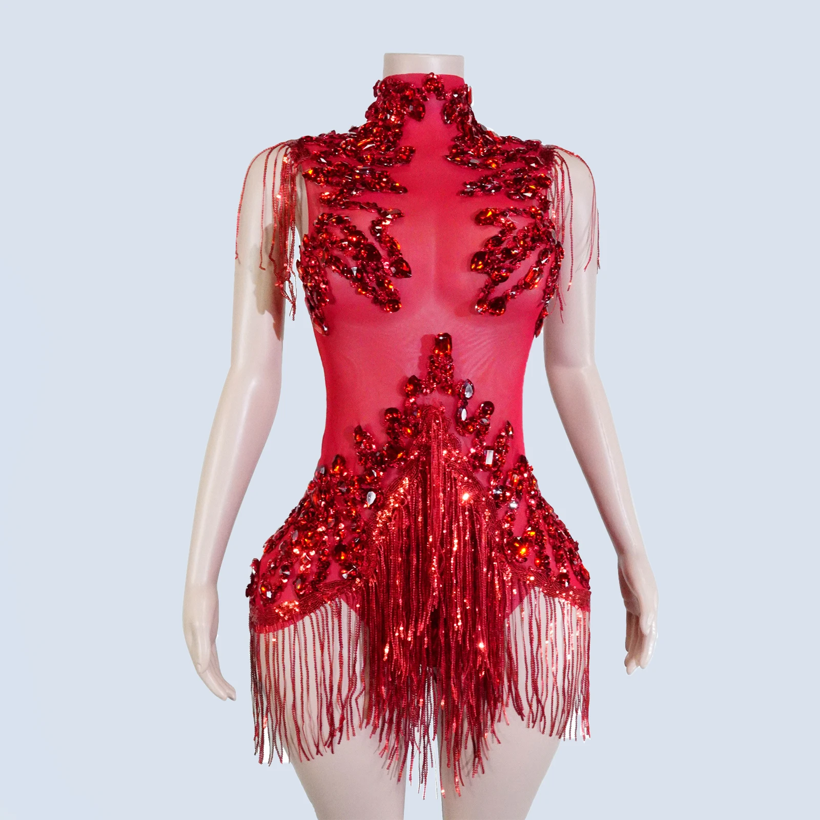 

Gogo Dance Costume Glitter Red Rhinestone Tassels See-through Bodysuit Singer NightClub Drag Queen Show Festival Performance