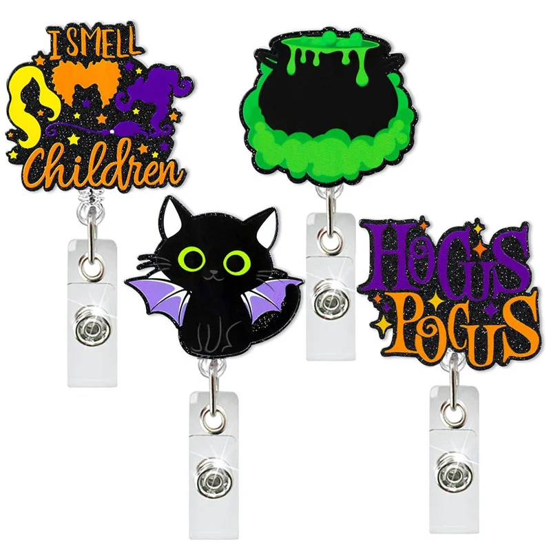 Halloween Badge Reel Acrylic Glitter Halloween Finger Skull Pumpkin Black Cat Retractable Rotating Elastic Badge Holder