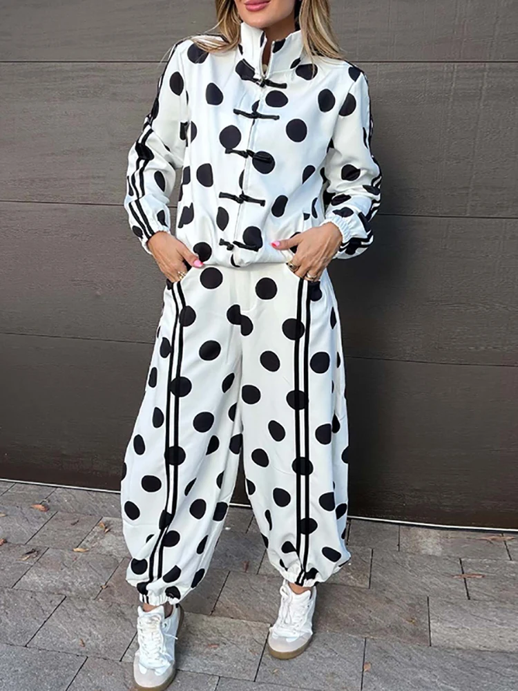 Fashion Stand Collar Long Sleeved Loose Outfit Casual Zipper Button Top+Pants Two Piece Vintage Polka Dot Office Commuting Suit