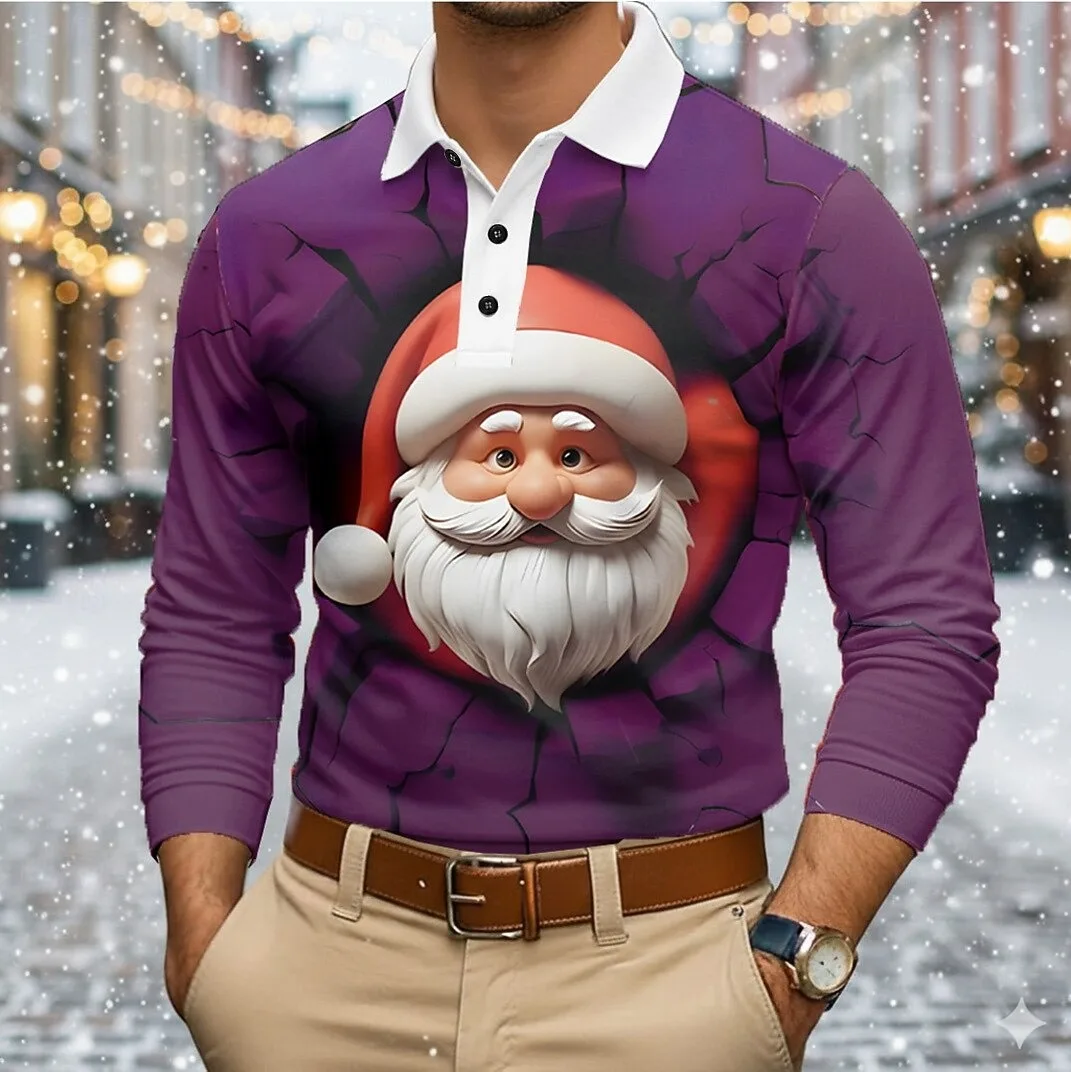 

Christmas Men's Santa Claus Long Sleeve Polo Shirts Lapel Casual Outdoor Holiday Daily Wear 3D Print Spring Fall Men's Clothing