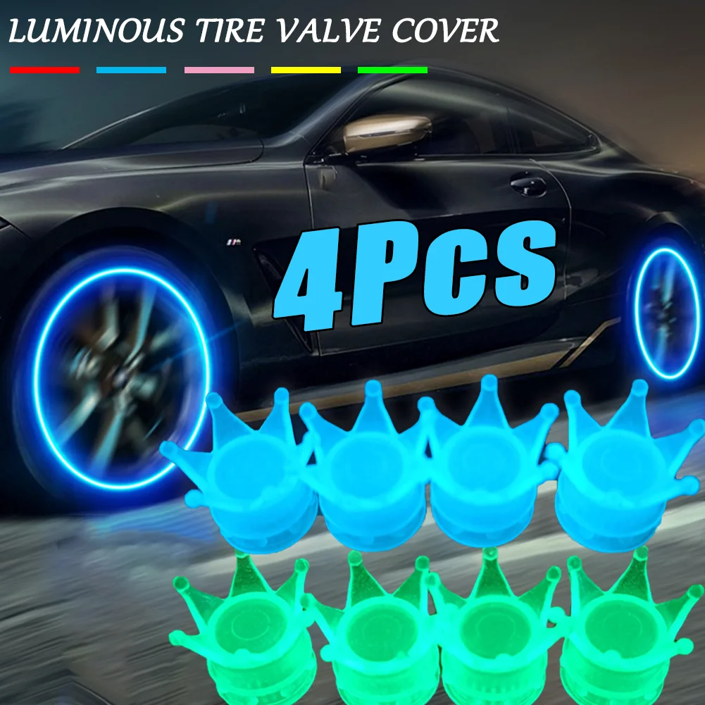 1/4Pcs Hot Sale Auto Motorcycle Tire Fluorescent Valve Caps High-quality Creativity Luminous Crown Shape Wheel Dust Valve Cover