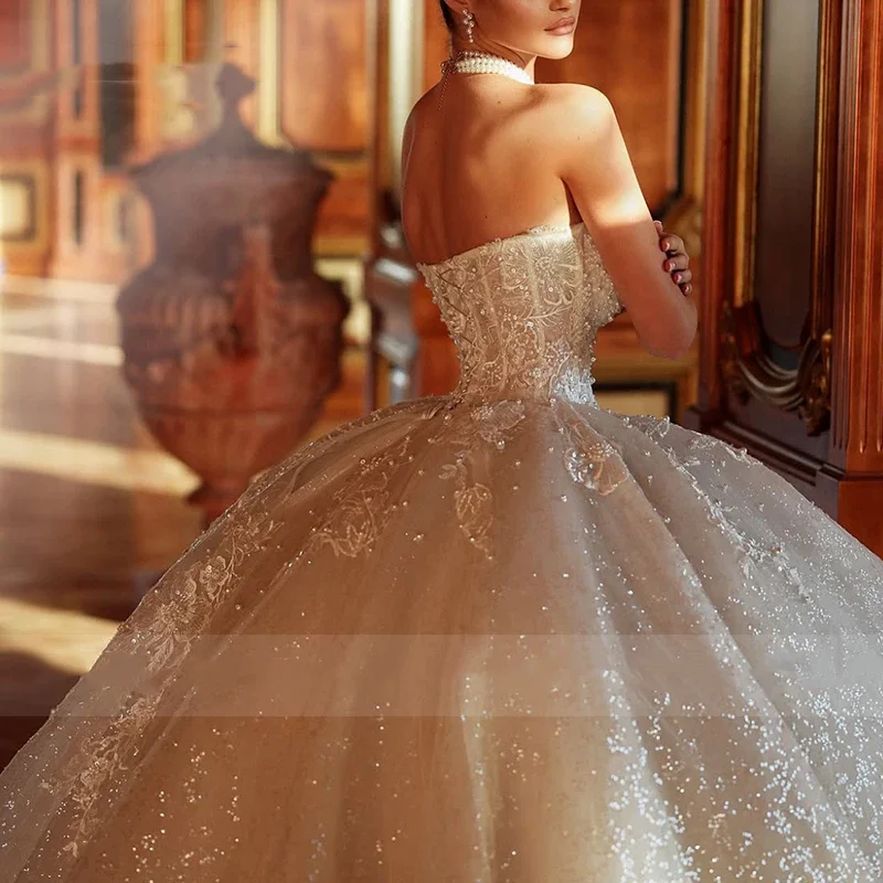 Flavinke Aangepaste Trouwjurken Kralen Organza Borduursel Baljurk Prinses Strapless Mouwloze Bruidsjurken Lace Up