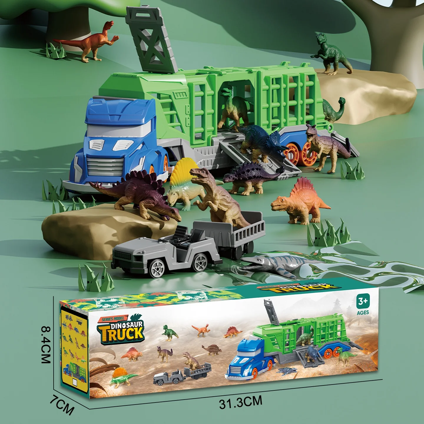 Dinosaur Animal Transport Vehicle Toy Set Includes 1 Transport Vehicle, 12 Dinosaurs or Animals, 2 Small Transfer Vehicles. the Transport Vehicle Features a Rotating Cab and 4 Doors That Can Be Opened. Suitable for Children over 3 Years Old to Stimulate Imagination and Develop Hands-On Skills. It Is a Great Gift for Christmas, Halloween, Thanksgiving, and Birthdays view 4