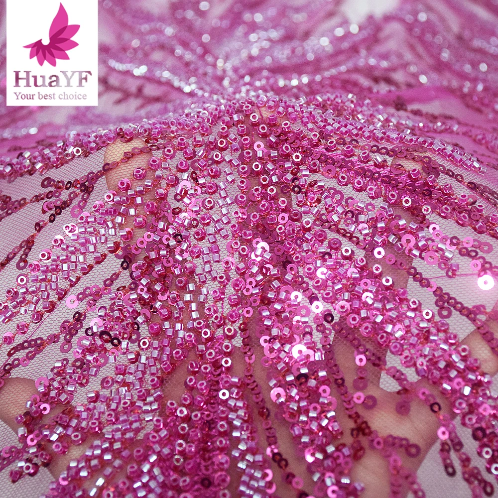 1 Yard  Fuchsia Pink French Style 3D Bridal Embroidery Lace Fabric Tulle Heavy Beads Sequins For Wedding HY1930