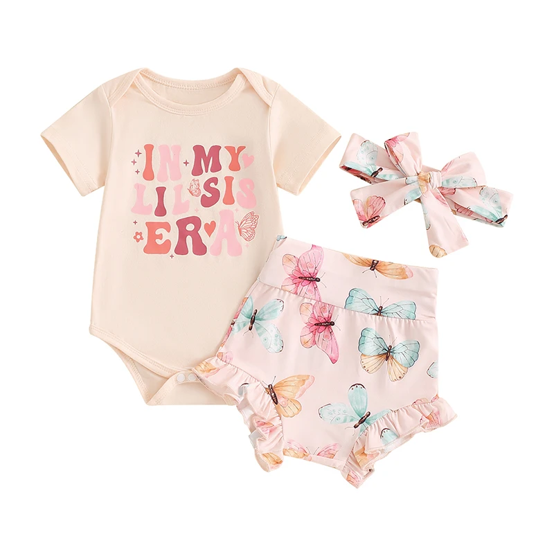 Newborn Baby Girl Big Sister Little Sister Matching Outfit Short Sleeve Romper Butterfly Shorts Headband 3Pcs Set