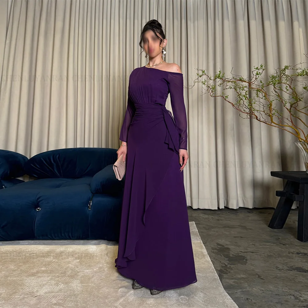 

MOLISA Customized A-Line Purple Prom Dresses Ankle-Length One-Shoulder Full Sleeve Evening Dresses Simple Draped Party Dresses