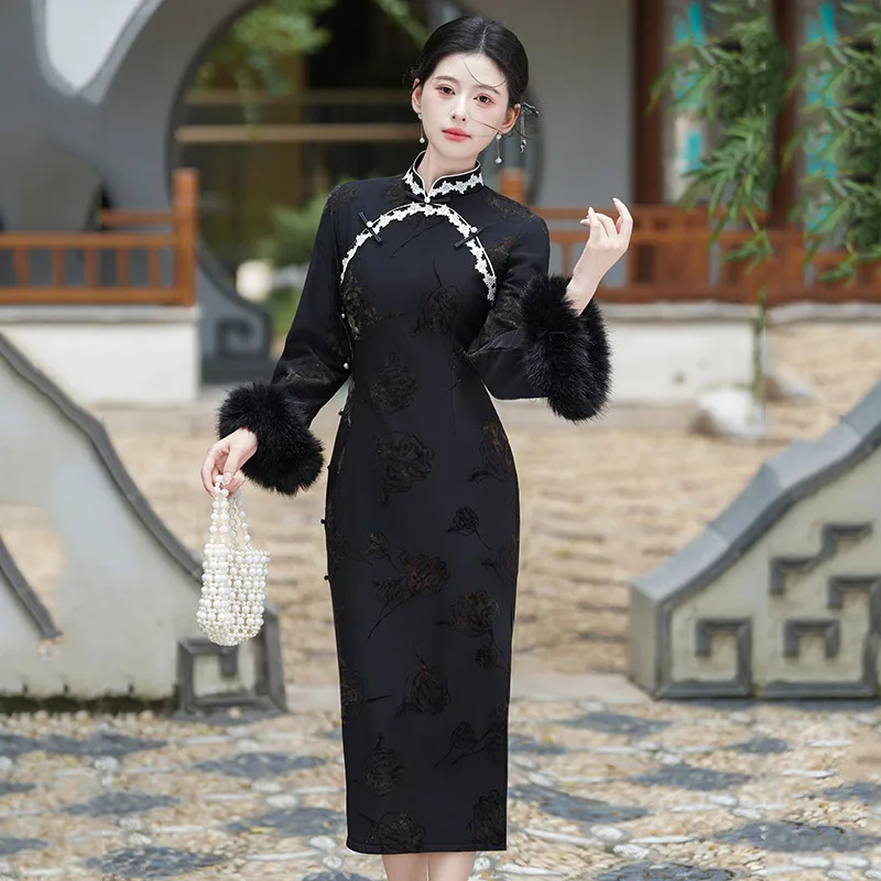Preto grosso inverno estilo chinês manga longa cheongsam 2025 novo melhorado jovem feminino retro outono qipao vestido