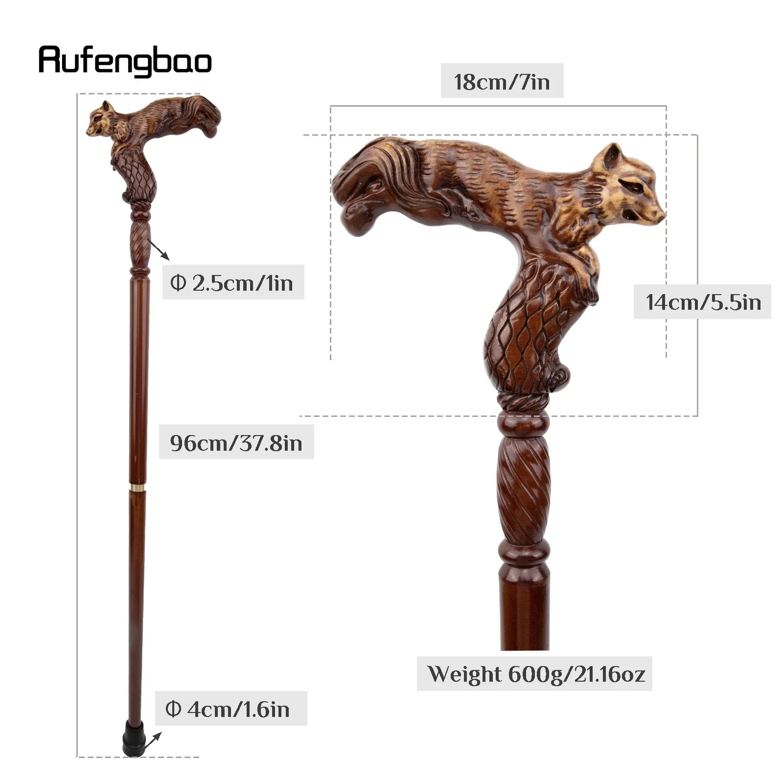 Fox Brown Wooden Fashion Walking Stick Decorative Vampire Cospaly Party Wood Walking Cane Halloween Mace Wand Crosier 93cm