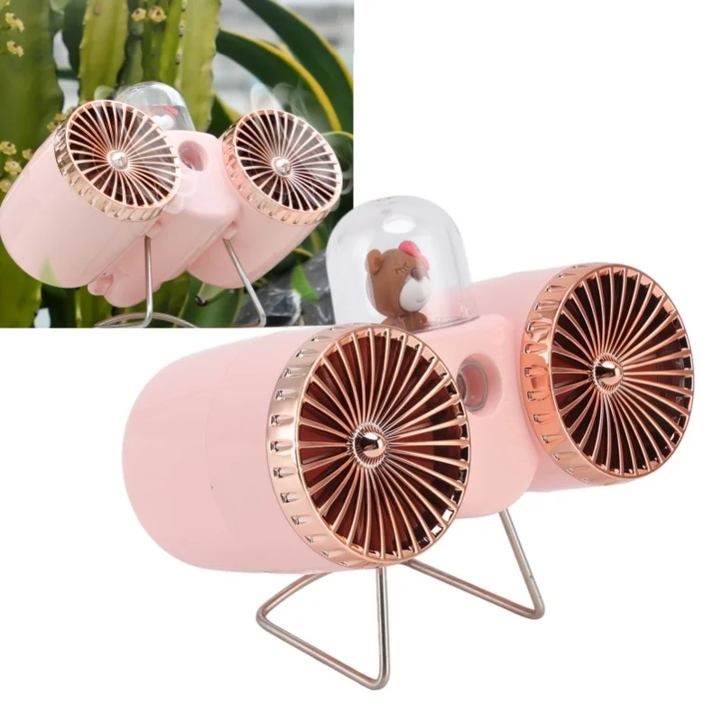 USB Desk Fan Dual Blade Bear Design 3 Speeds Strong Wind USB Charging Night Light Table Fan For Home Office Dormitory Pink