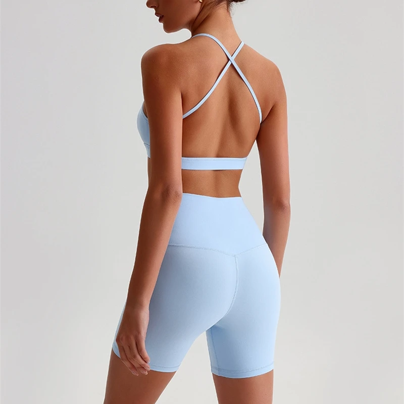 

Yoga Set Gym Sports Short Leggings Fitness Suit Women Clothes 2pcs Cross Straps Bra High Waist Shorts Running Workout Tracksuit