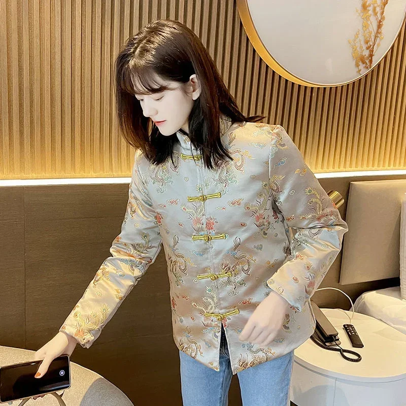 

Female Vintage Tops Stand Collar New Autumn Winter Embroidery Chinese Style Jacket Black Hanfu Women Ethnic Short Coat Tang Suit