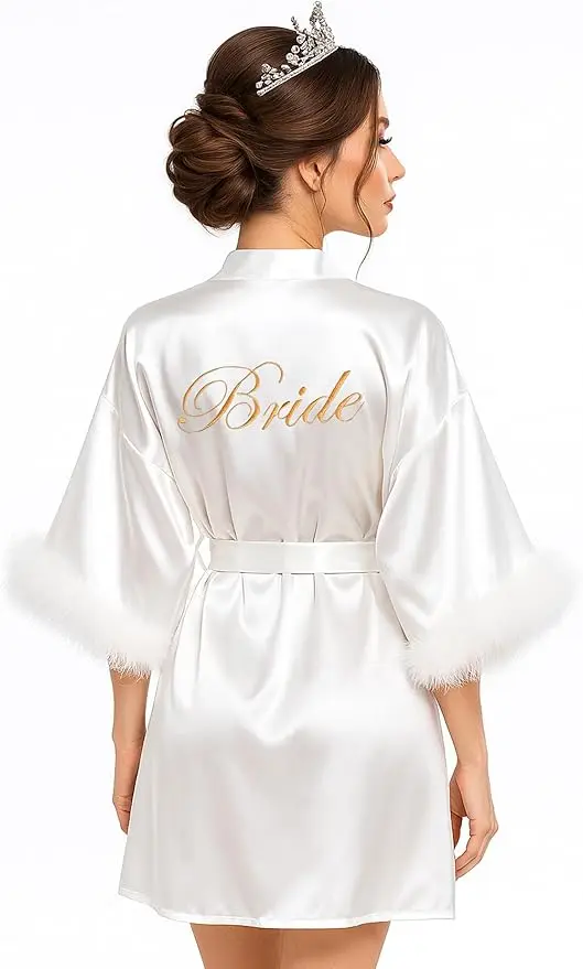 Bride Robe for Wedding Day Bridal Robes Feather Sleeve Satin Kimono Robes Bachelor Party Getting Ready Outfits