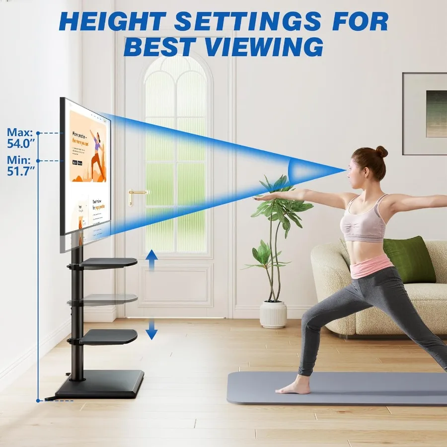 حامل تلفزيون أرضي دوار مع رفين لأجهزة التلفاز مقاس 3260 بوصة حتى 88 رطلًا، حامل تلفزيون قابل للتعديل مع رف قاعدة خشبية لتوفير المساحة