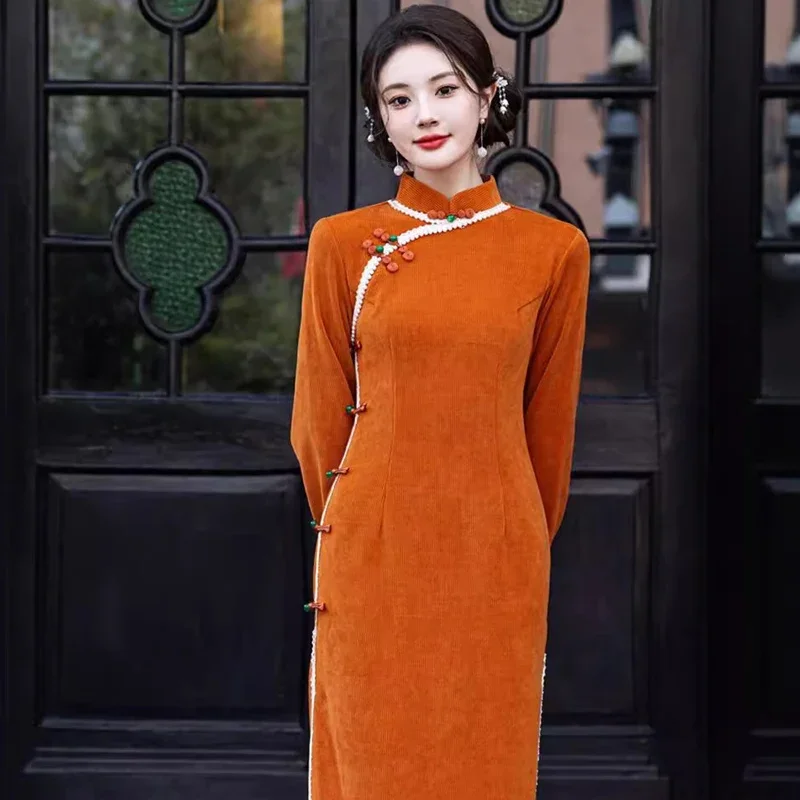 Autumn Winter Slimming Cheongsam Elegant Vintage Qipao 2024 New Chinese Traditional Dress New Year's Party Dresses Novelty Gift