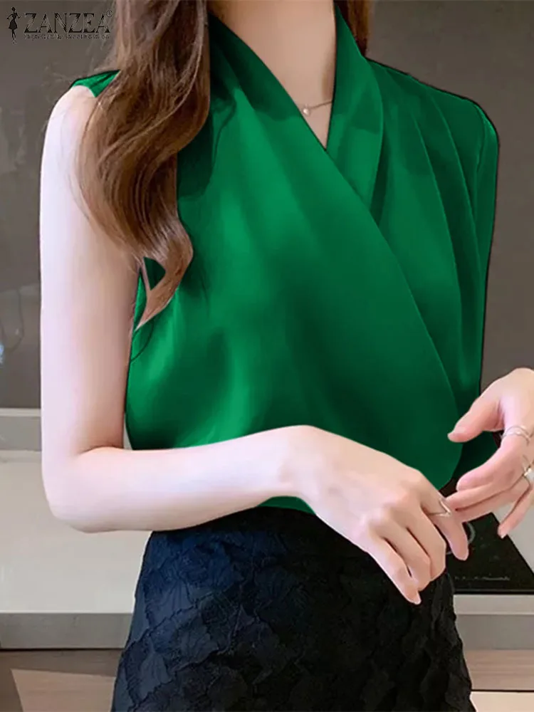 Elegant  V Neck Sleeveless Satin Blouse 2024 ZANZEA Summer Women Office Work Tops Female Casual Solid Pleated Shirt Blusas Mujer