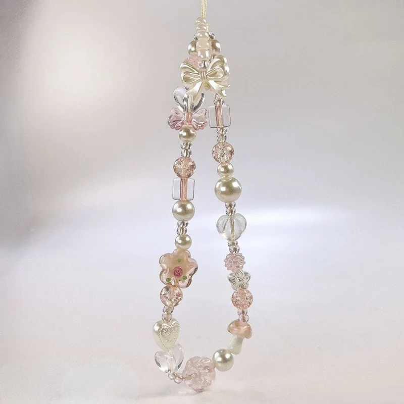 Cute Glass Bowknot Flower Bead Phone Strap Charm Chain Knot Cellphone Lanyard Keychain Girl Bag Camera Pendant for Airpods Case
