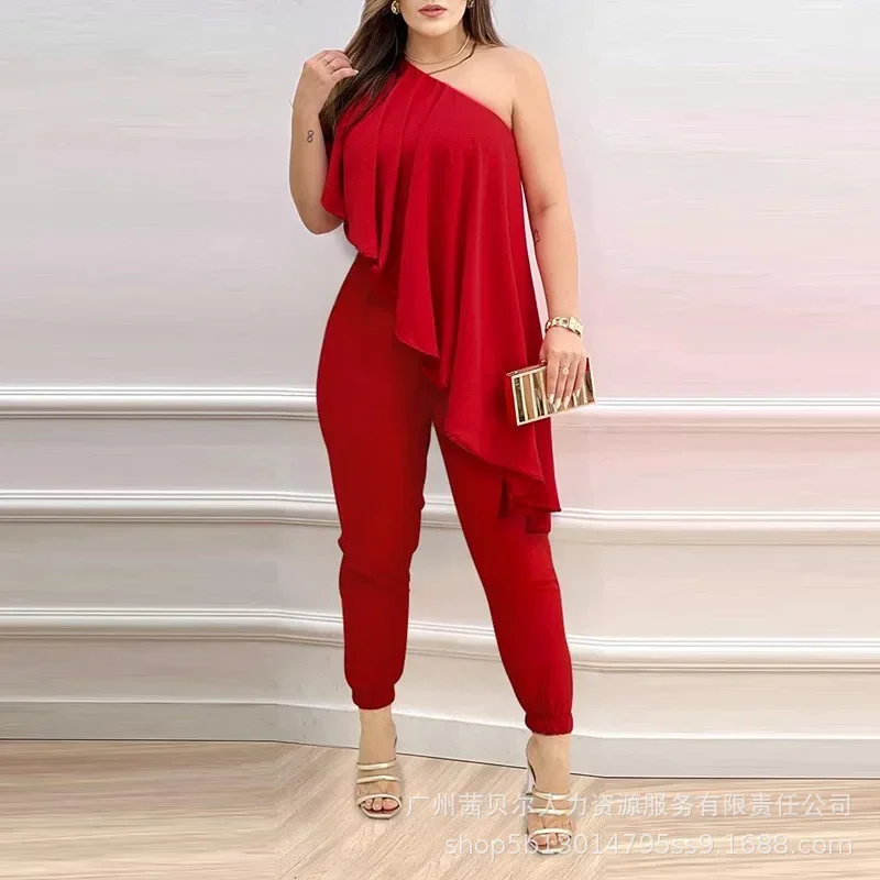 Kombinezony damskie Temperament 2023 z asymetrycznym dekoltem i falbankami dla kobiet