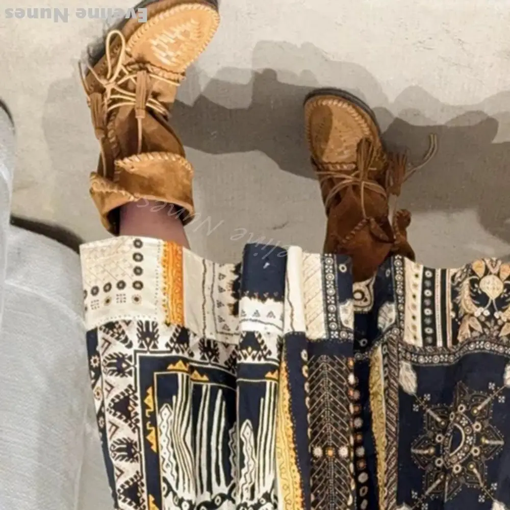 Fringed Woven Lace-up Western Boots Women Retro Round Toe Flat with Folding Mid Calf Boots 2025 Fashion Catwalk Large Size Boots