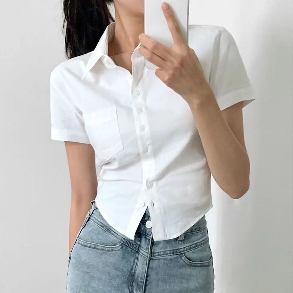 

Chic V-neck Short Sleeve Shirts with Pocket Button Up Slim Blouse Women Streetwear Crop Top Sweet Girls Shirts Beachwear