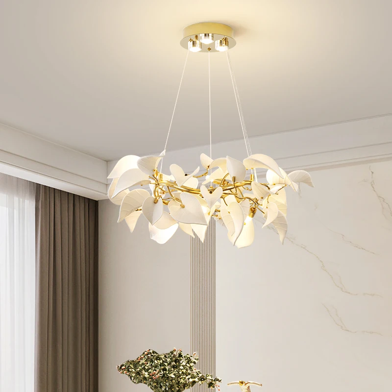 Modern Ceramic Leaf Chandelier for Dining Living Room Bedroom Gold Iron Pendant Light White Lotus Petal LED Lighting Fixture