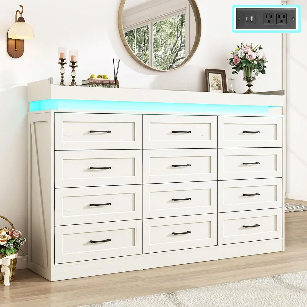Wide 46 Tall Large Farmhouse 12 Drawers Dresser for Bedroom with LED Light and Power Outlets,Wood Rustic 12 Chests of Drawers f